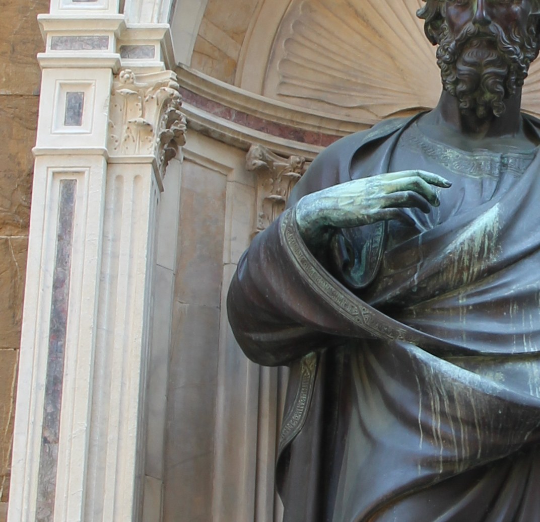 Raised speaking hand detail from the exterior replica of Ghiberti’s St Matthew